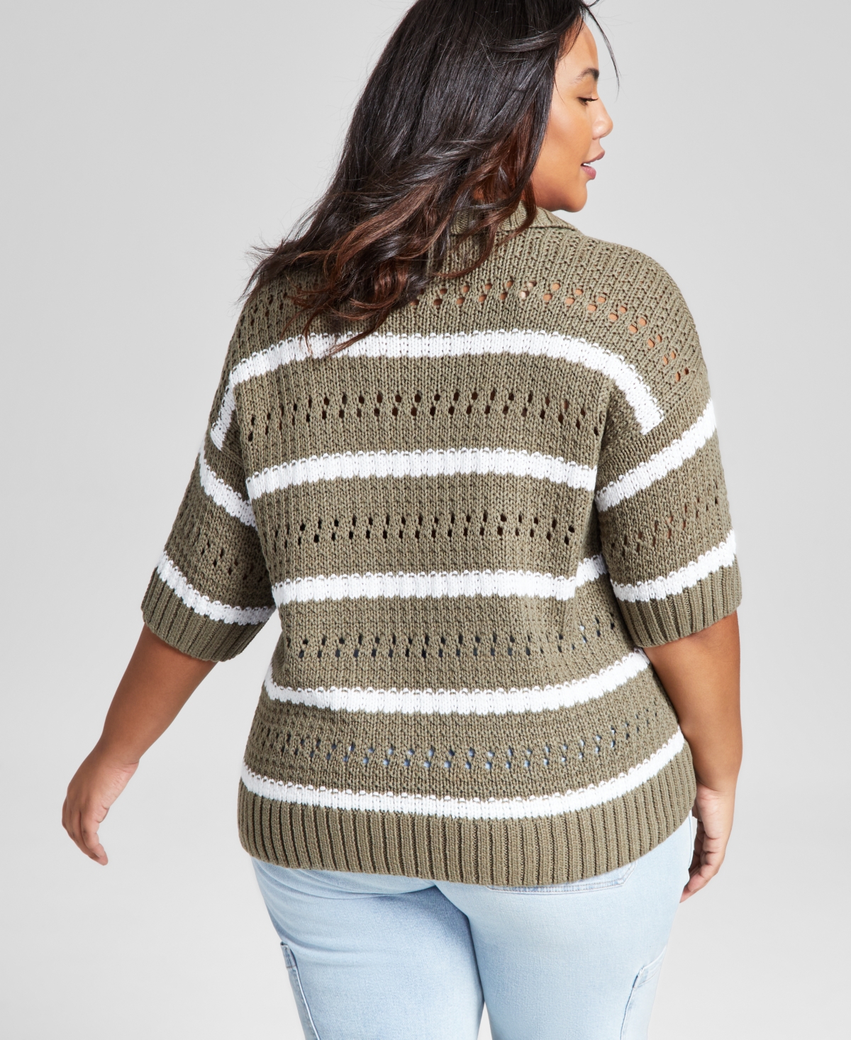 And Now This Plus Size Striped Polo Sweater, Created For Macy's In Crushed Oregano