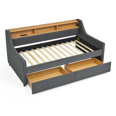 Upholstered Twin Sofa Bed with LED Lights, Storage, and Wireless Charging