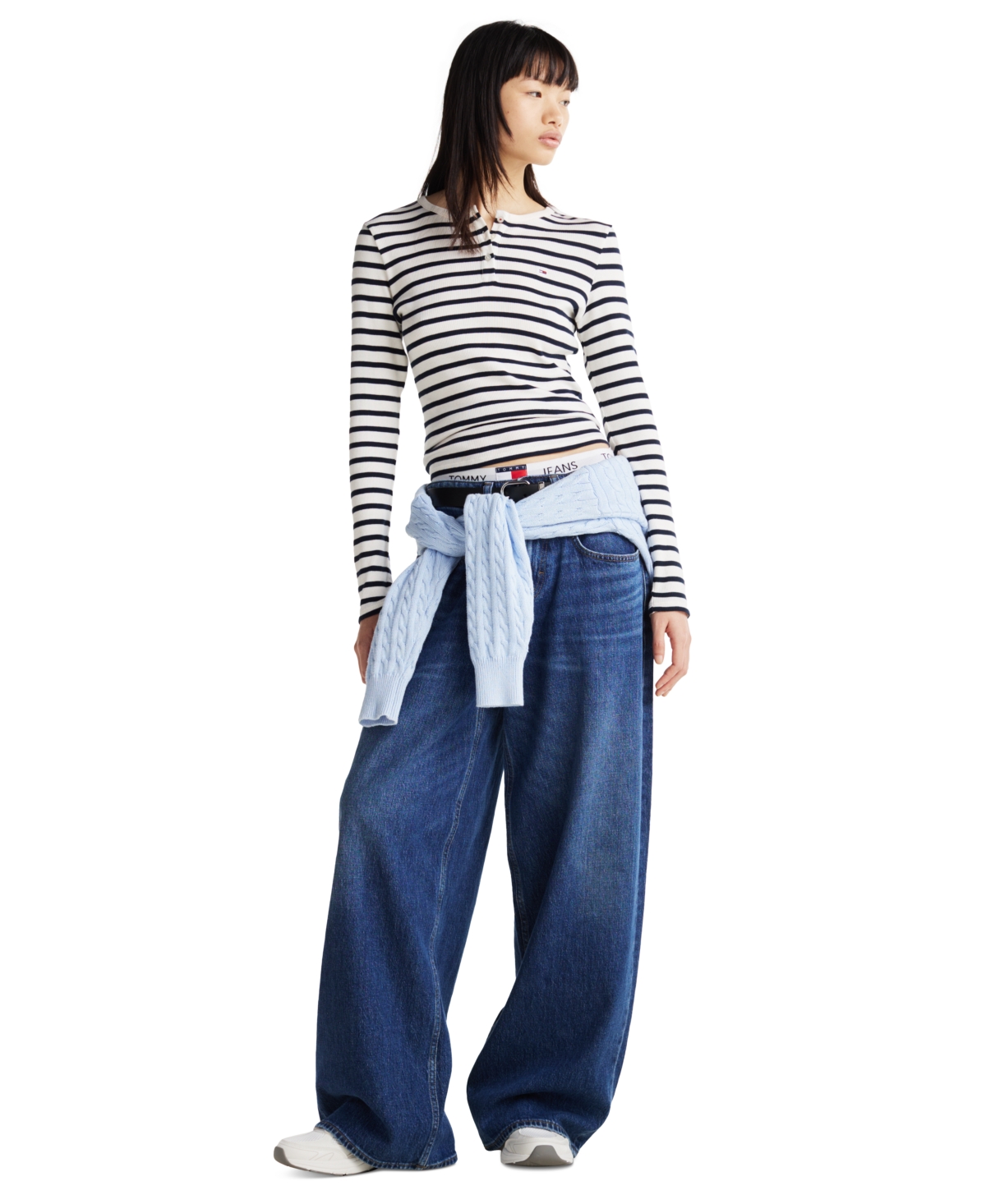 Tommy Jeans Women's Slim Long-Sleeve Henley Top -white Stripe