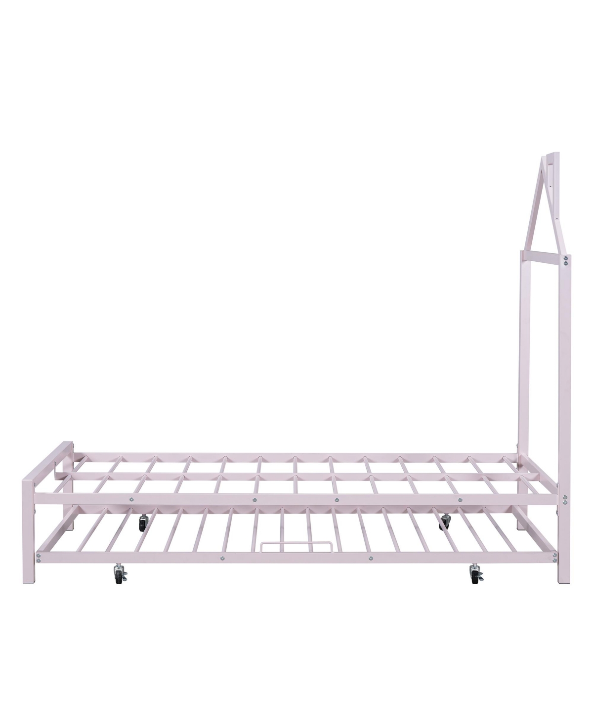 Slickblue Twin Size Metal Platform Bed with Trundle and House-Shaped Headboard for Kids or Guests