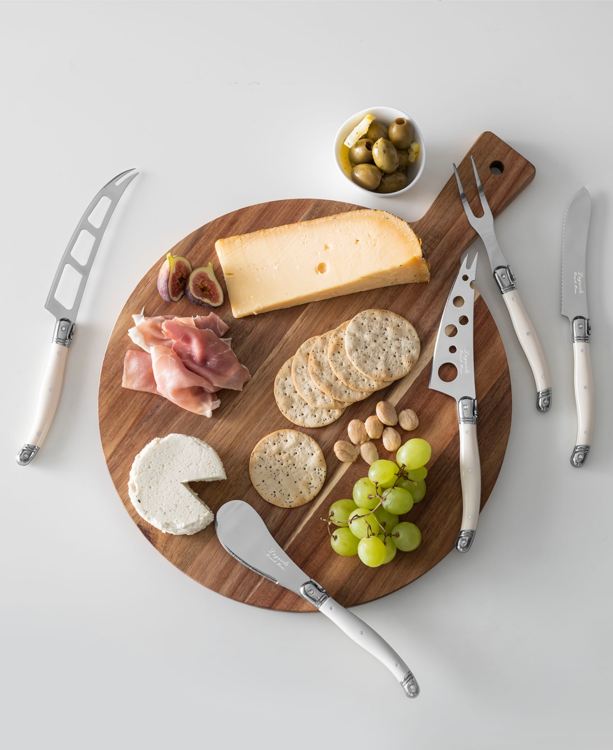 French Home Laguiole 6-piece Artisan Cheese Knife Set And Round Wood Board In Ivory And Wood