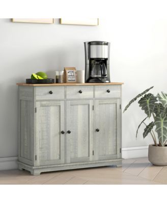 Sideboard with Solid Wood Countertop, Modern Kitchen Storage Cabinet, Coffee Bar Cabinet with 3 Drawers, Doors and Adjustable Shelf, Distressed Light Gray