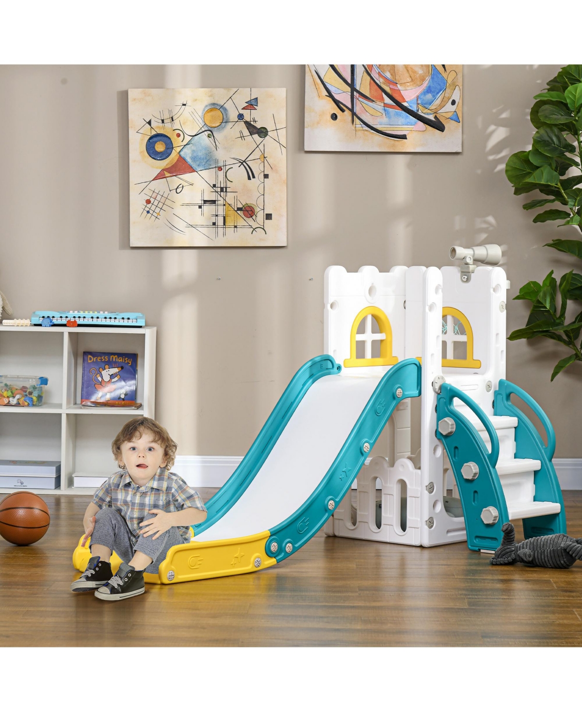 Streamdale Furniture 5 in Toddler Slide, Indoor Kids Slide Playset for 1-3 Years Olds with Basketball Hoop, Climber, Telescope & Storage Basket, Yel