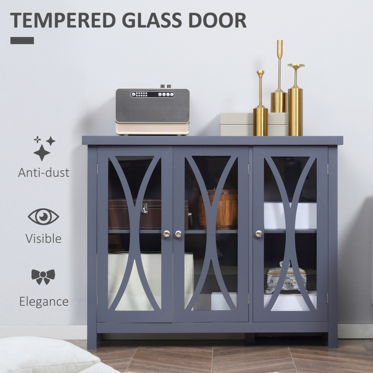Streamdale Furniture Sideboard, Buffet Cabinet with 3 Tempered Glass Doors, Arc Pattern and Adjustable Storage Shelf, Credenza,- Gray