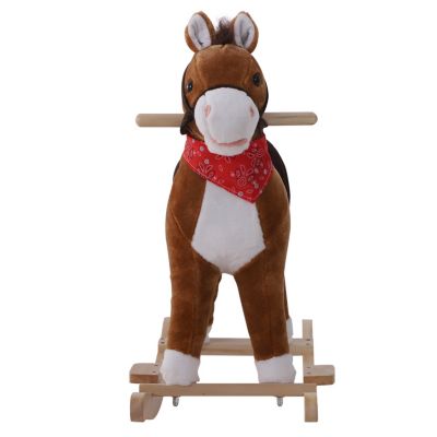 Kids Ride on Rocking Horse Plush Toy with Realistic Sounds and Red Scarf for Over 3 Years Old Birth Gift