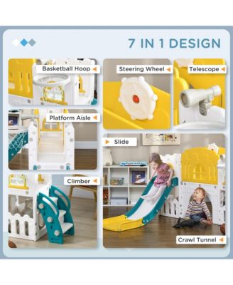 8 in 1 Toddler Slide for Kids Age 1-3 Years, Indoor Kids Slide Playset with Basketball Hoop, Climber, Telescope, Tunnel, Steering Wheel, Aisle, Storage Baskets, Yellow