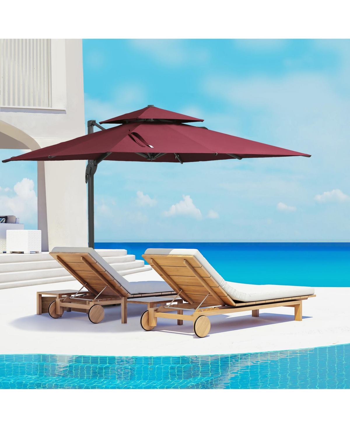 Streamdale Furniture 10ft Offset Patio Umbrella, Hanging Cantilever Umbrella, Square Shape, Aluminum Cross Base, Tilt, 360-Degree Rotation,- Red