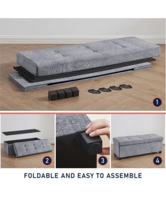 Foldable Tufted 43 Inch Long Linen Bench Storage Ottoman with Legs