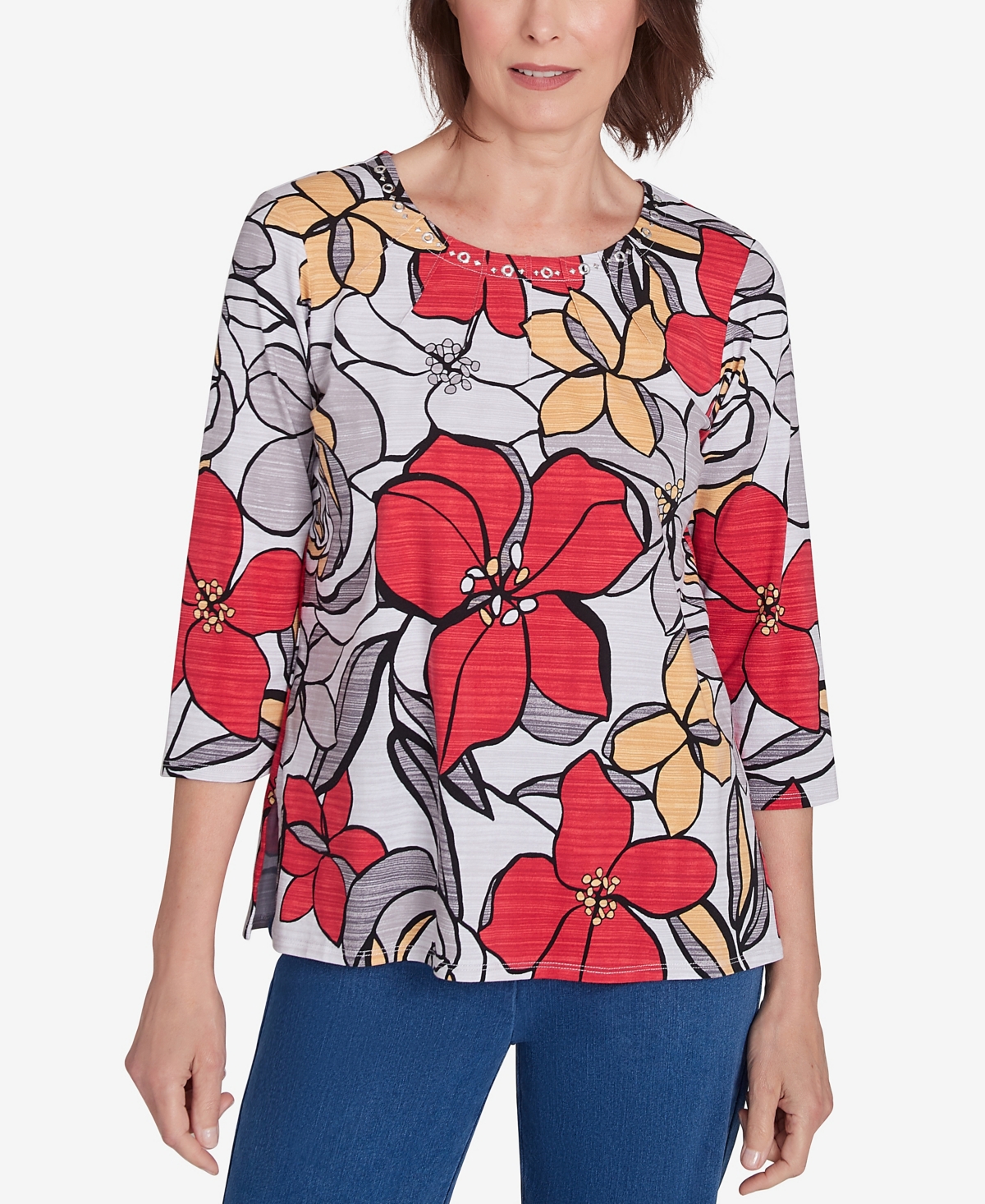 Alfred Dunner Petite Key Items Bold Floral Print Three Quarter Sleeve Tee In Multi