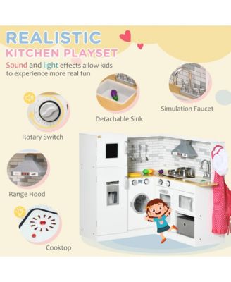 Simplie Fun Corner Play Kitchen Set with Sound Effects and Tons of Countertop Space, Large Wooden Kitchen with Washing Machine, Food Toys, Ice Maker, Kids Kitchen, Ages 3-6, White