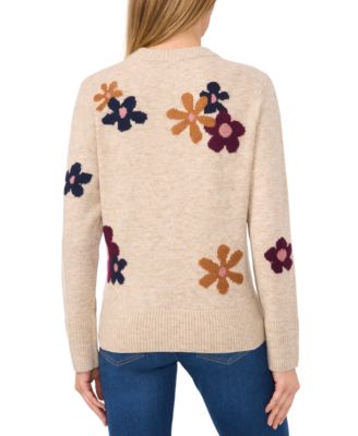 Women's Crewneck Flower Patterned Knit Long-Sleeve Sweater