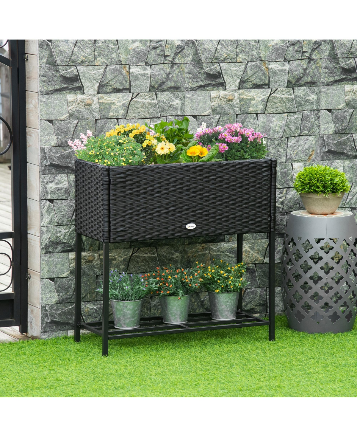 Streamdale Furniture Raised Garden Bed, Elevated Planter Box with Rattan Wicker Look, Tool Storage Shelf, Portable Design for Herbs, Vegetables, Flowe