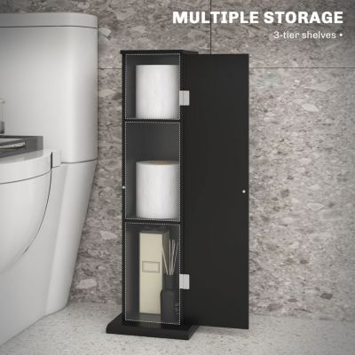 Toilet Paper Cabinet, Small Bathroom Corner Floor Cabinet with Doors and Shelves, Thin Storage Bathroom Organizer for Paper Shampoo, Black