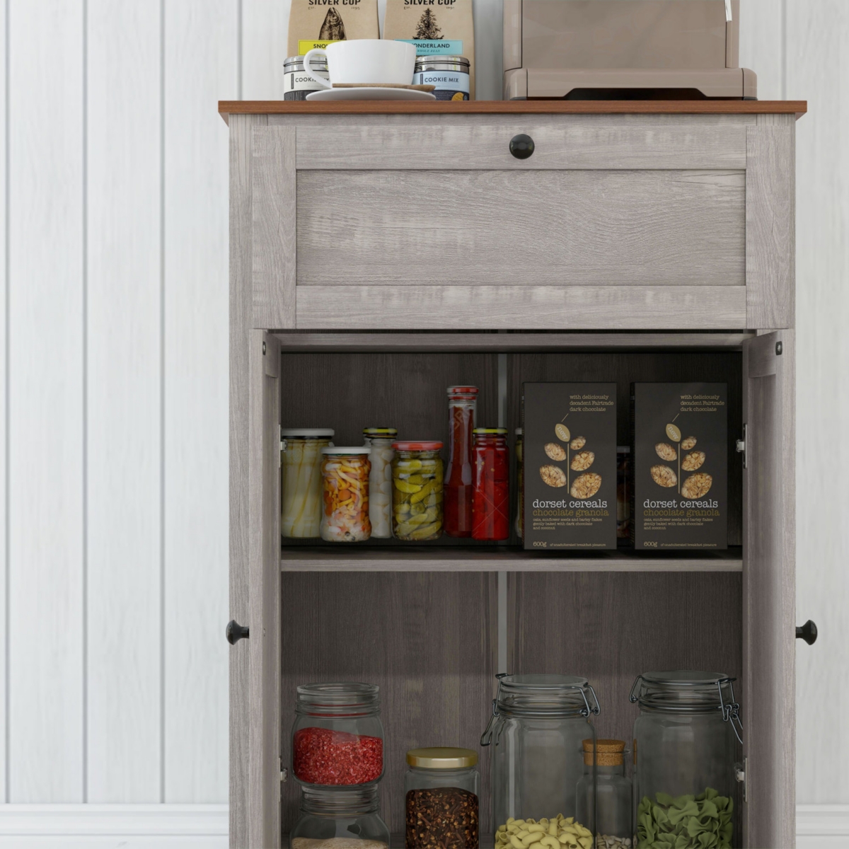 Farmhouse Barn Door Accent Cabinet, Kitchen Sideboard Storage Cabinet with Double Doors, Drawer, and Adjustable Shelf for Bedroom, Living Room, Light