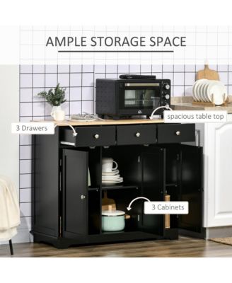 Sideboard with Solid Wood Countertop, Modern Kitchen Storage Cabinet, Coffee Bar Cabinet with 3 Drawers, Doors and Adjustable Shelf, Black