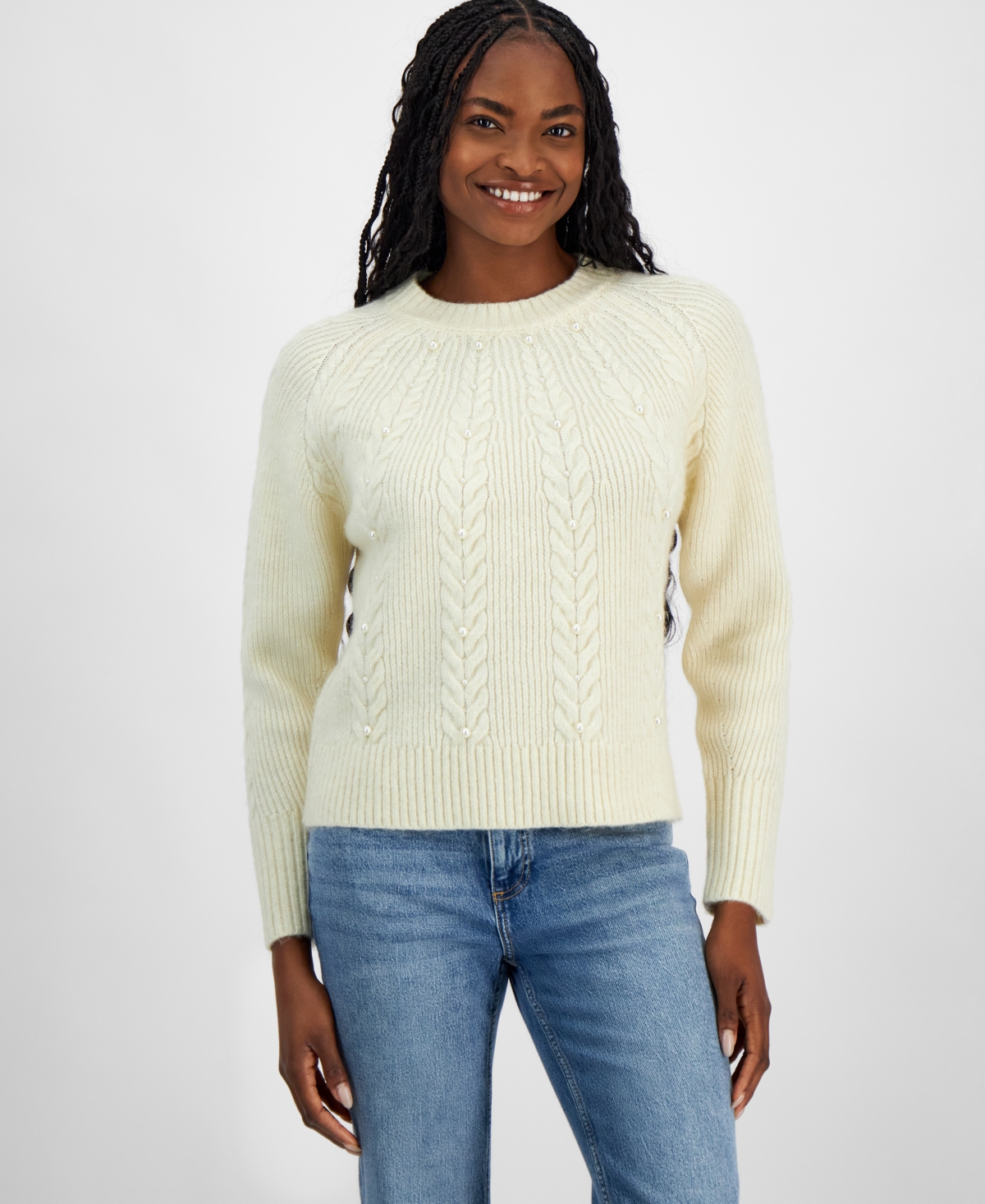 Women's Crewneck Faux-Pearl Embellished Sweater, Exclusively at Macy's - Alabaster