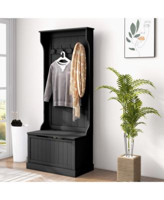 28" 3-In-1 Entryway Hall Tree with Storage Bench, Coat Rack with Four Hooks and Shoe Storage, Black