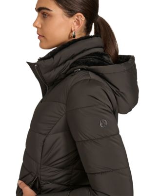 Petite Faux-Fur-Lined Hooded Puffer Coat