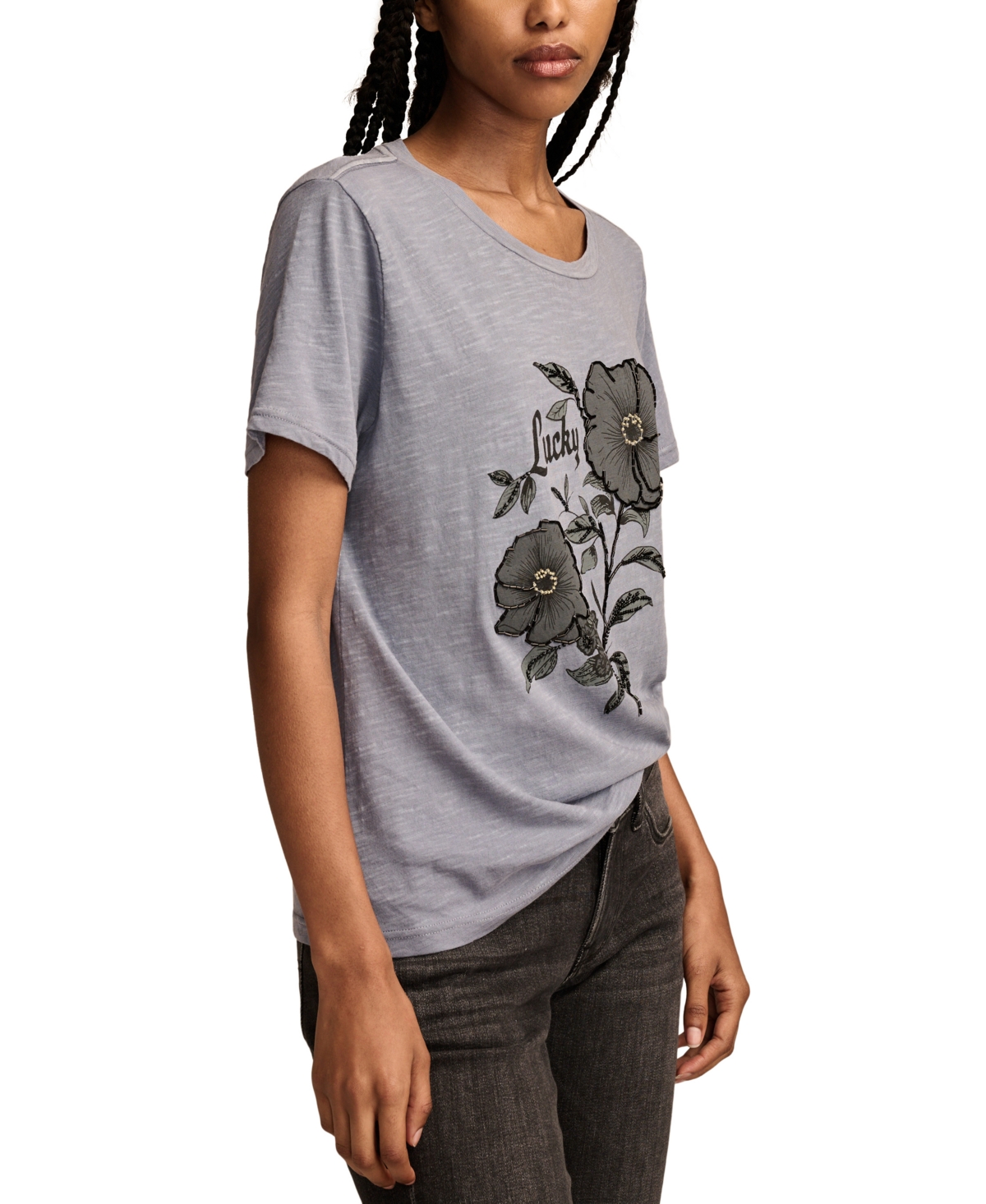 Lucky Brand Women's Beaded Lucky Floral Cotton T-Shirt