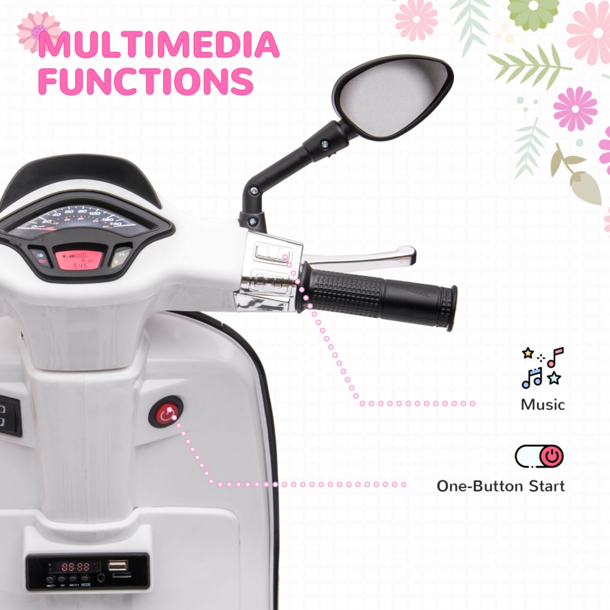 Streamdale Furniture Vespa Licensed Electric Motorcycle for Kids, 6V Toddler Motorcycle, Battery-Operated Motorbike for Kids with Music, Fm Radio, Hea