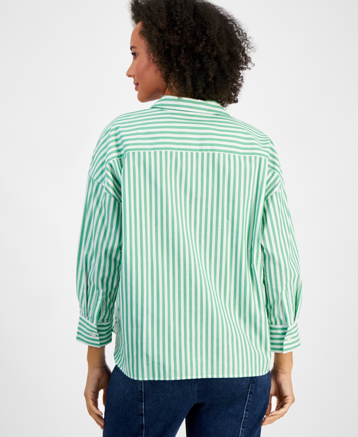 Nautica Jeans Women's Port Stripe Cotton Collared Blouse In Fern,white