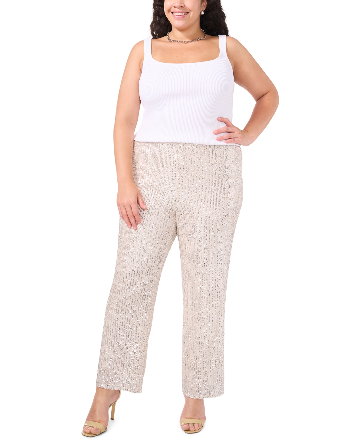 Msk Plus Size Sequined Mesh Pull-on Palazzo Pants In Silver