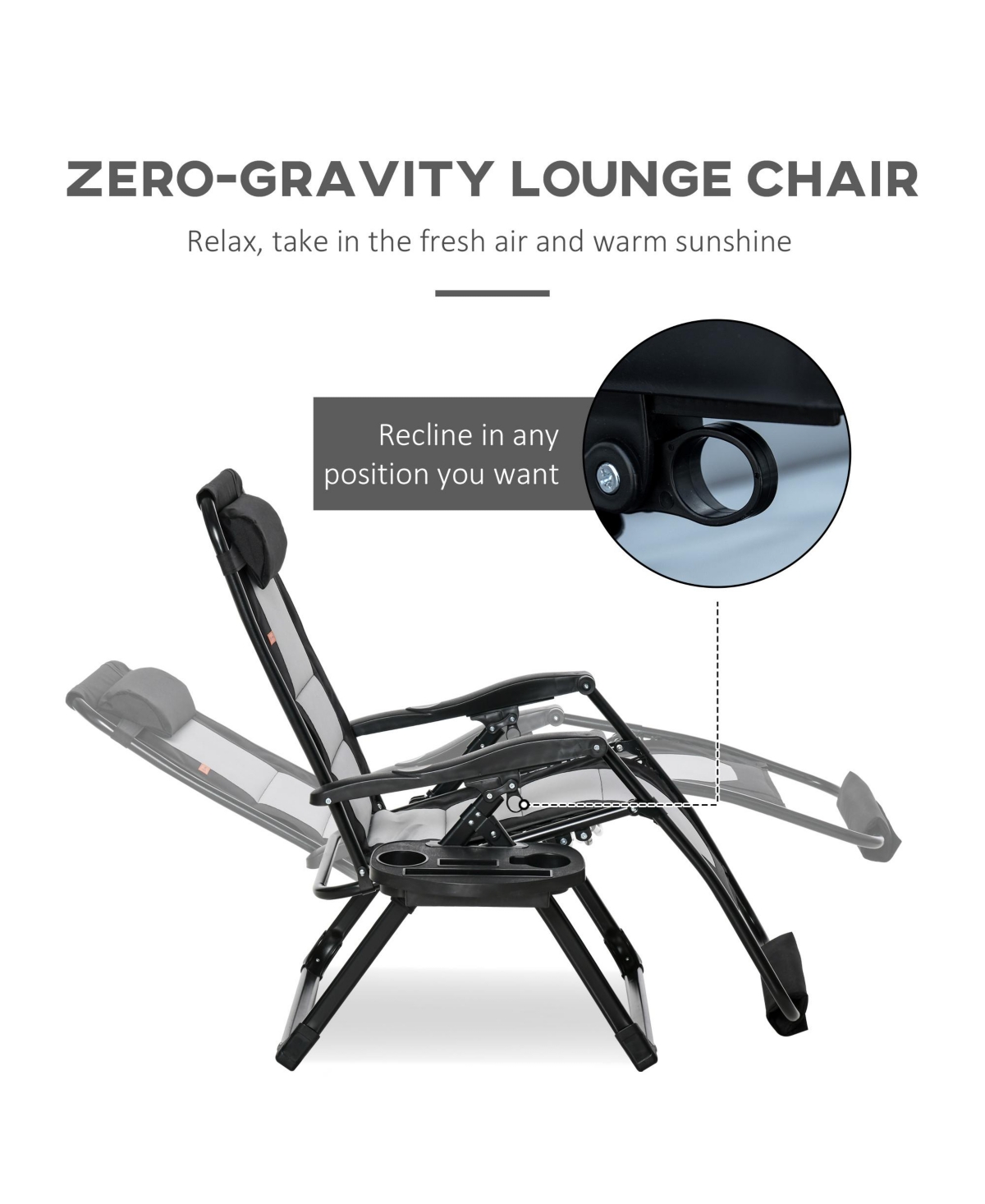Streamdale Furniture Foldable Outdoor Lounge Chair with Footrest, Oversized Padded Zero Gravity Lounge Chair with Headrest, Side Tray, Cup Holders, Ar