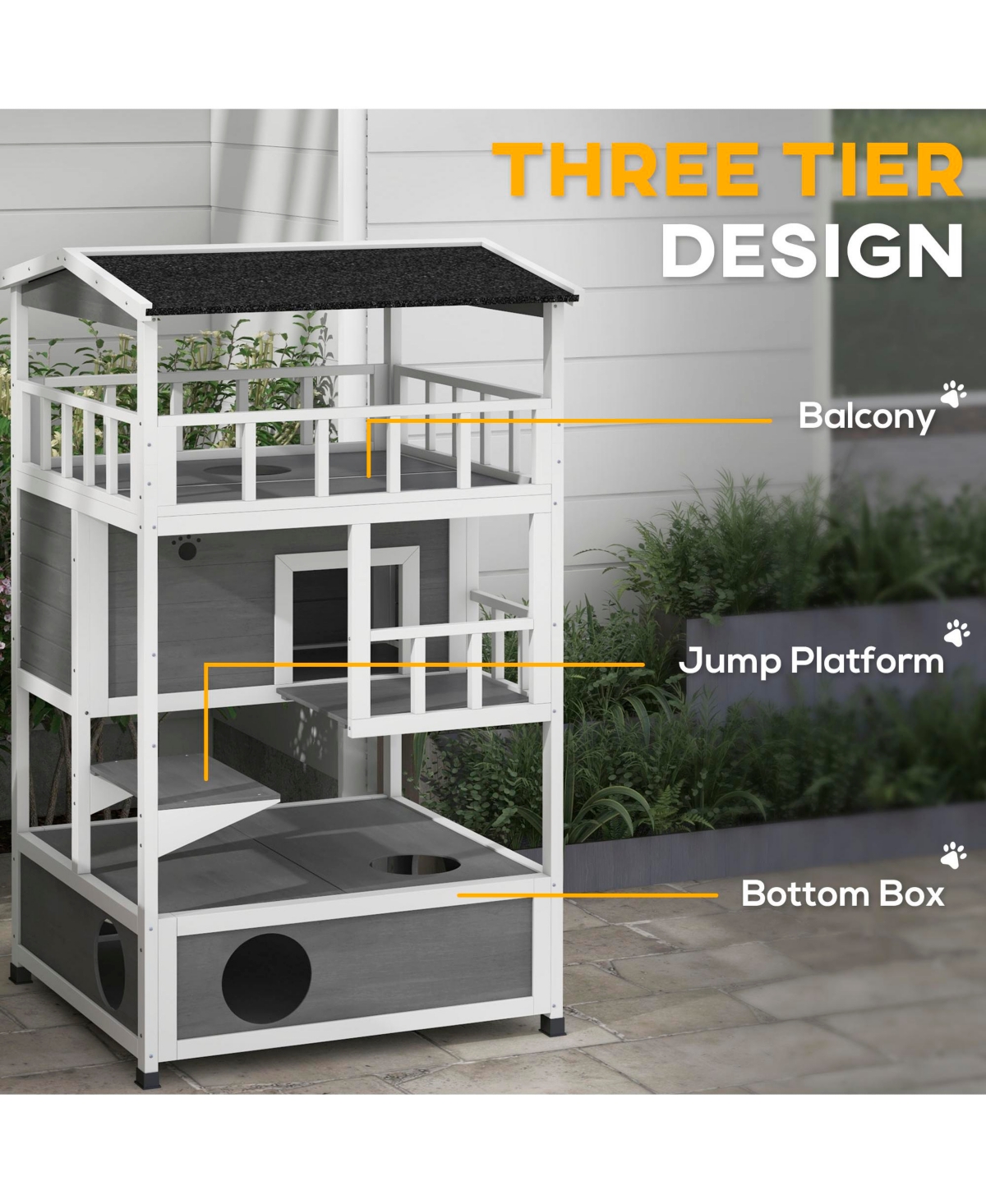 Streamdale Furniture Wooden Outdoor Cat House, Feral Cat Shelter Kitten Condo with Asphalt Roof, Escape Doors, Condo, Jumping Platform,- L