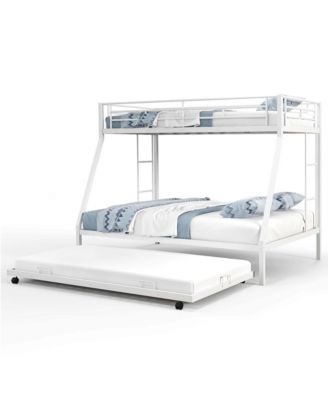 Twin Over Full Metal Slats Bunk Bed Frame with Trundle, Guard Rail & Ladders