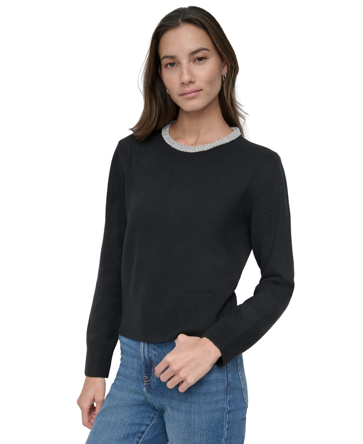 Dkny Jeans Women's Rhinestone Collar Crewneck Sweater - BLK - BLACK