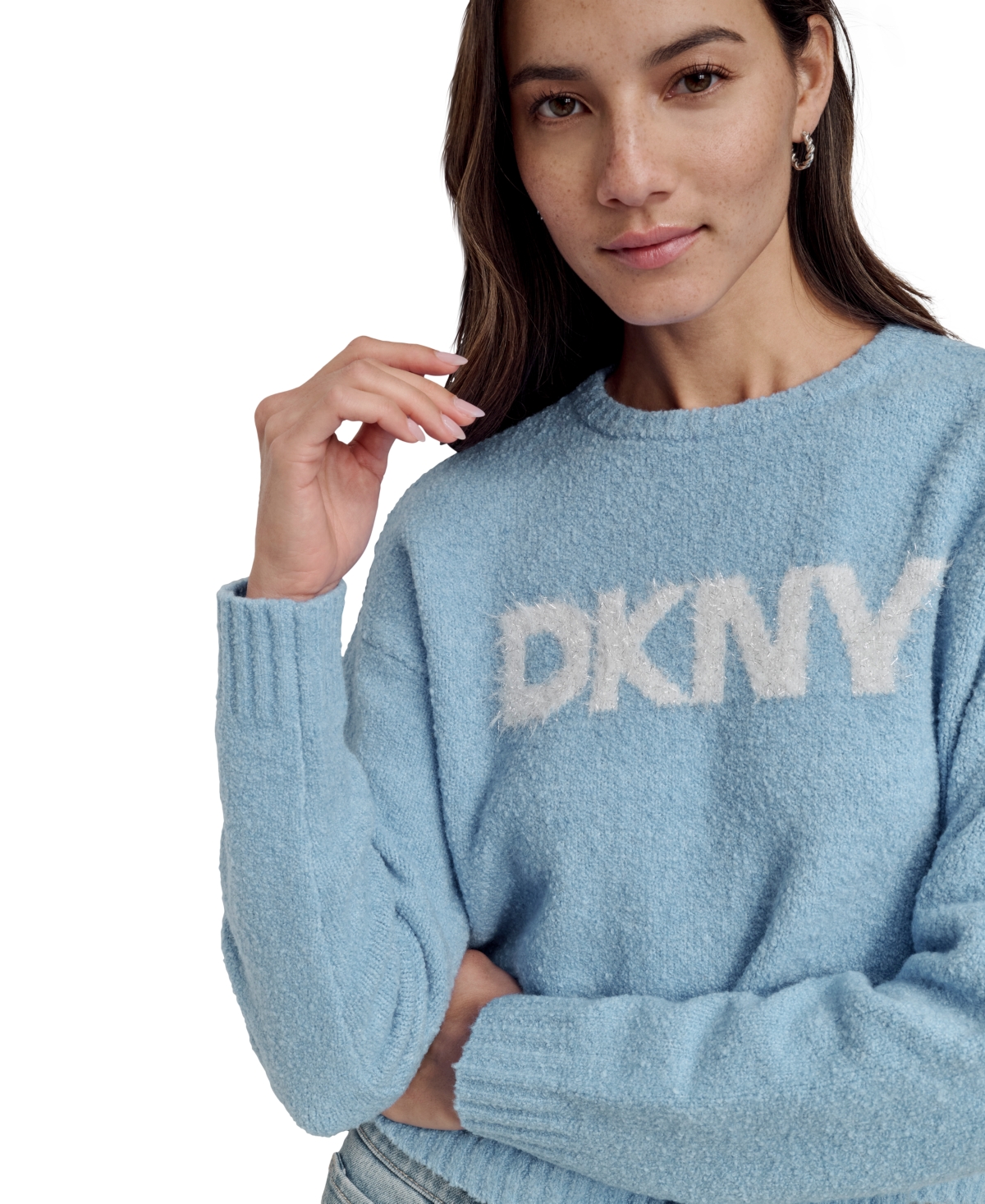 DKNY JEANS WOMEN'S TINSEL LOGO BOUCLE SWEATER 