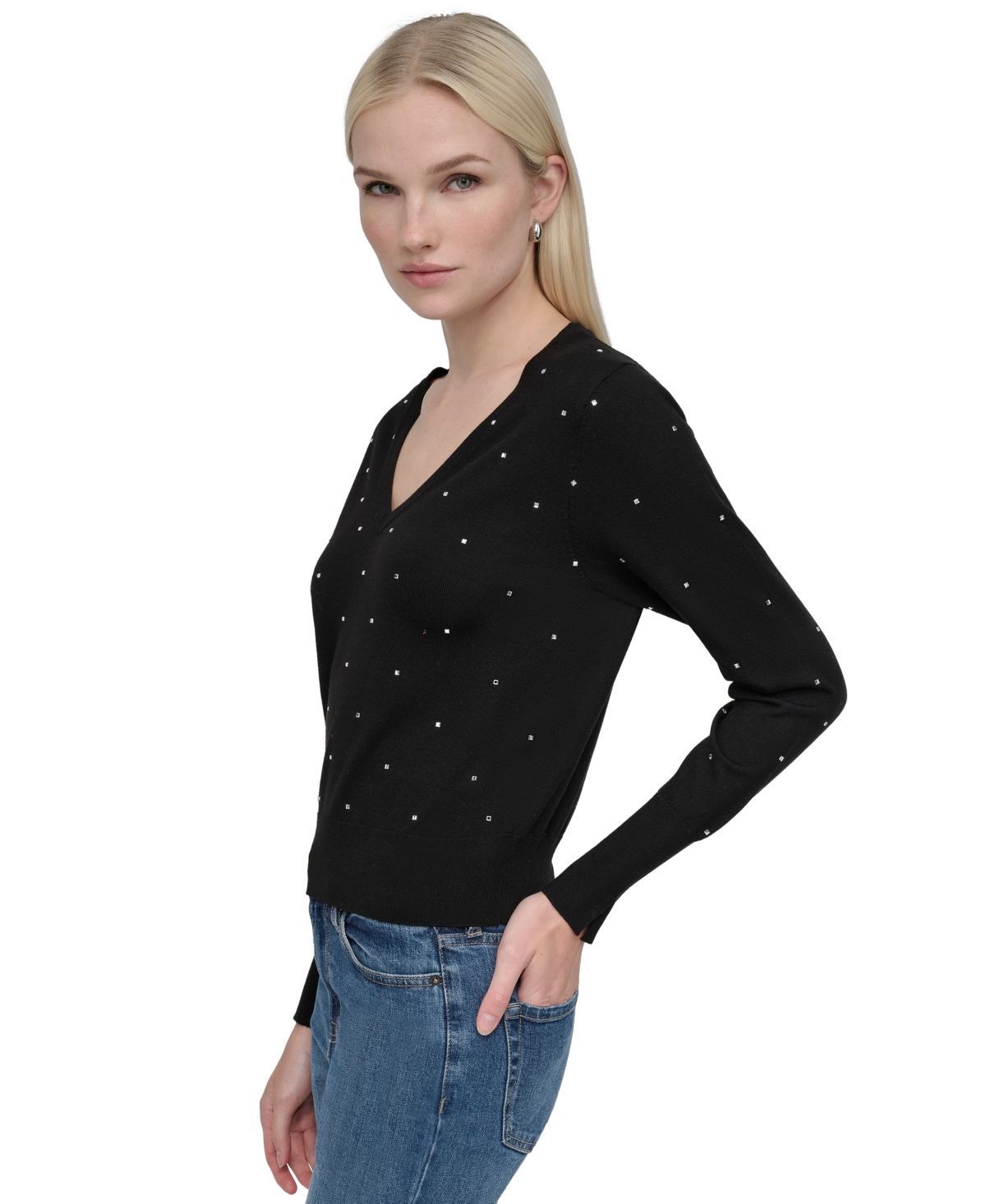 Shop Dkny Jeans Women's Studded V-neck Sweater In Blk - Black