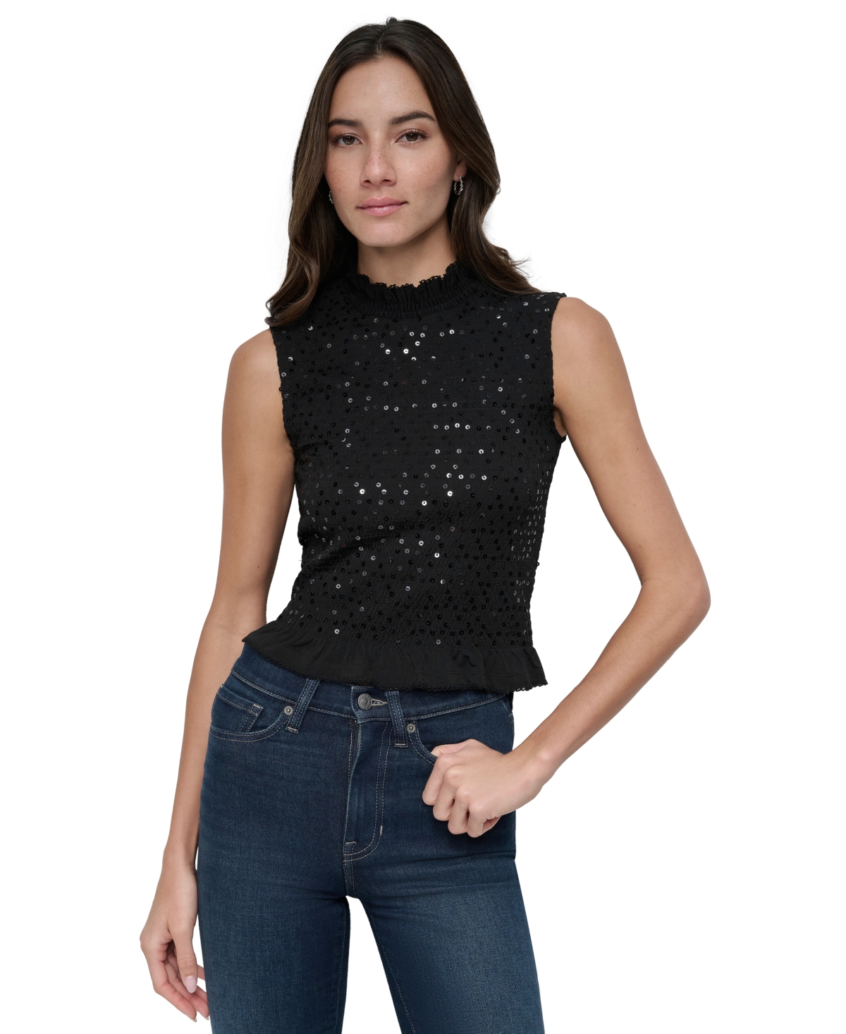 DKNY JEANS WOMEN'S SEQUIN SMOCKED SLEEVELESS TOP 