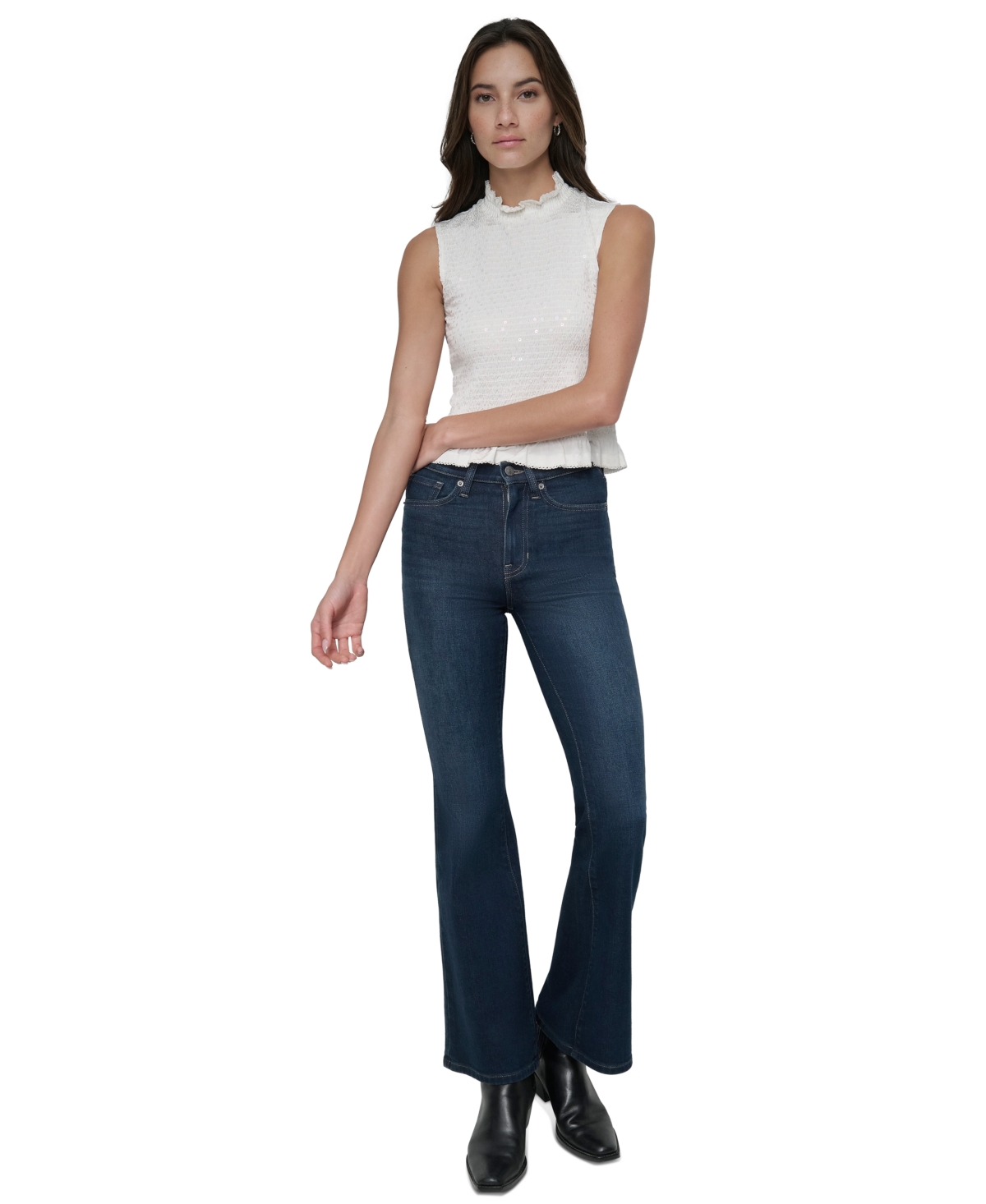 DKNY JEANS WOMEN'S SEQUIN SMOCKED SLEEVELESS TOP 