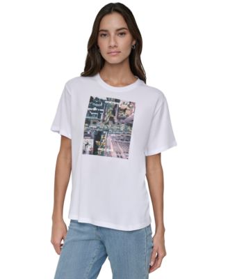 DKNY Jeans - Women's Aerial Photo Print Rhinestone Logo T-Shirt
