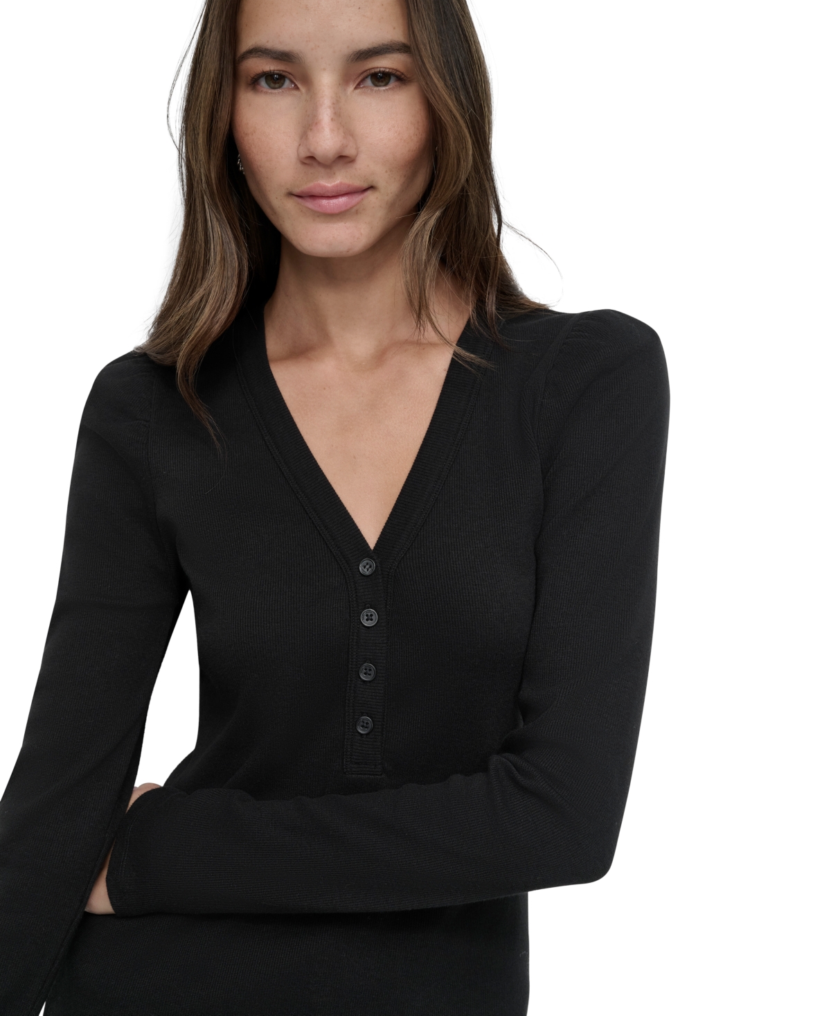 DKNY JEANS WOMEN'S GATHERED-SHOULDER V-NECK TOP 