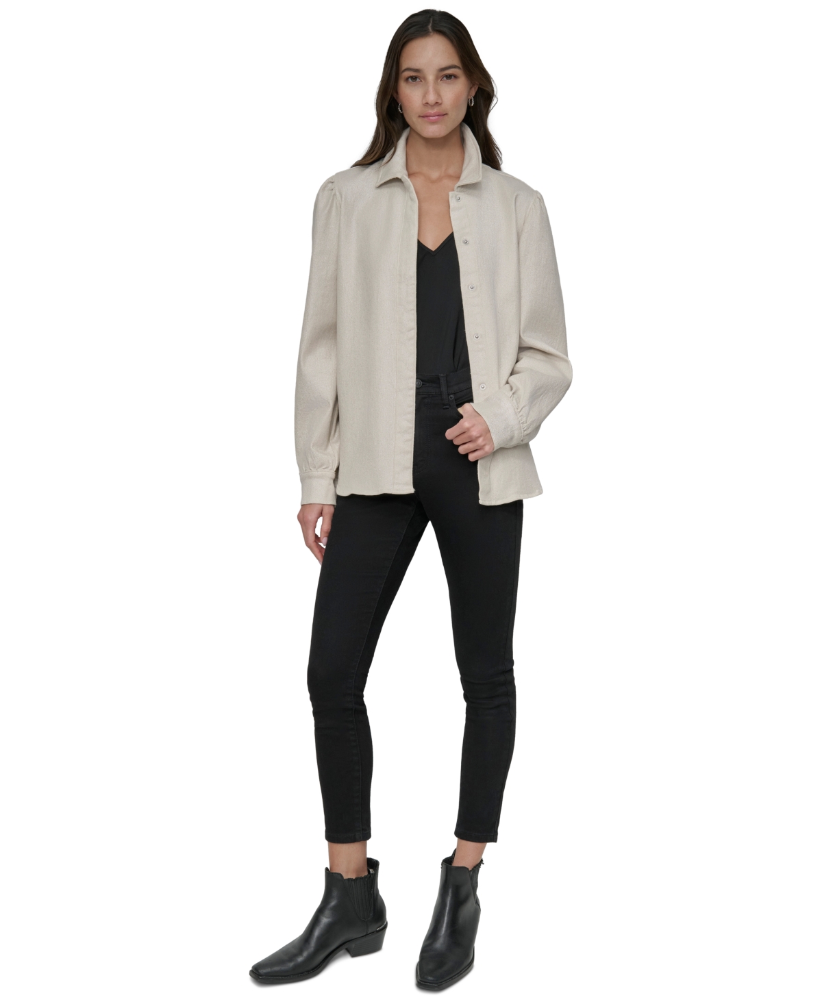 DKNY JEANS WOMEN'S COTTON PUFFED-SHOULDER DENIM SHIRT 