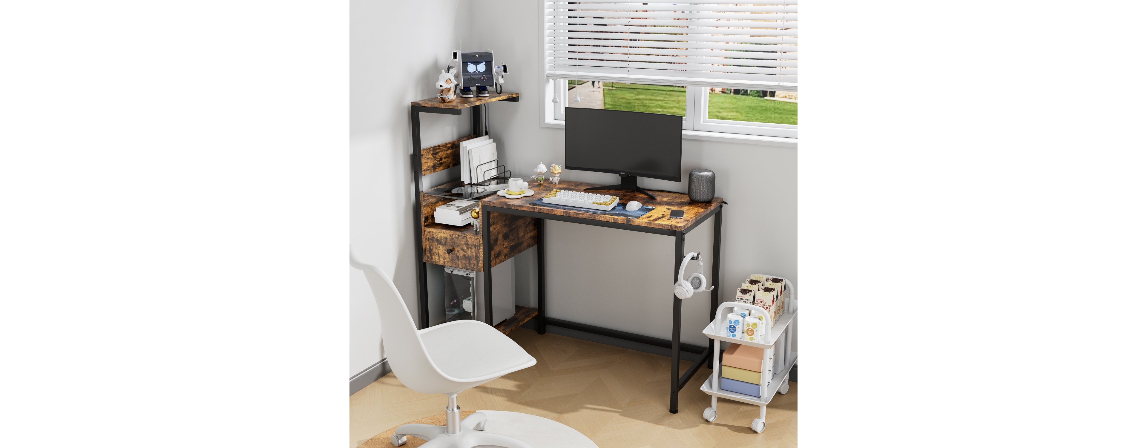 Simplie Fun Computer Desk with Power Outlet & Storage Shelves, Study Writing Table with Usb Ports Charging Station, Pc Desk Workstation for Home Offic