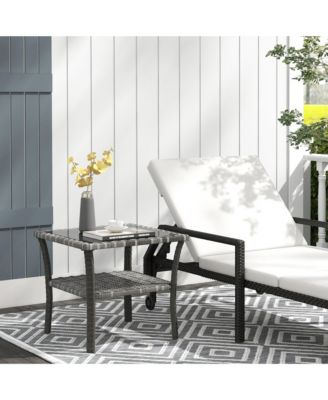 Rattan Side Table, Outdoor End Table with Storage Shelf, Aluminum Frame Square, Coffee Table with Tempered Glass Top, Mixed Gray