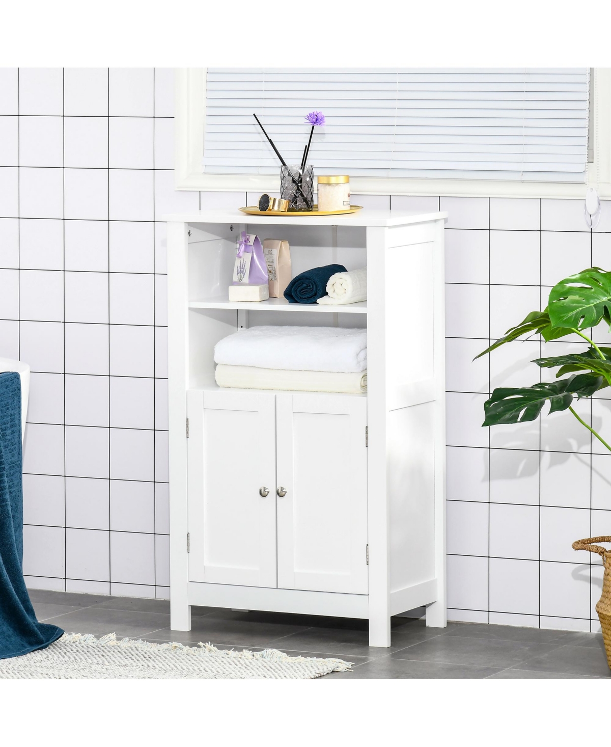 Streamdale Furniture Bathroom Floor Cabinet, Freestanding Bathroom Cabinet with 2 Open Shelves, Double Doors and Adjustable Shelves, Wooden Storage Ca