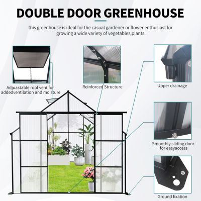 8x8 Ft Double Door Greenhouse with Raised Base