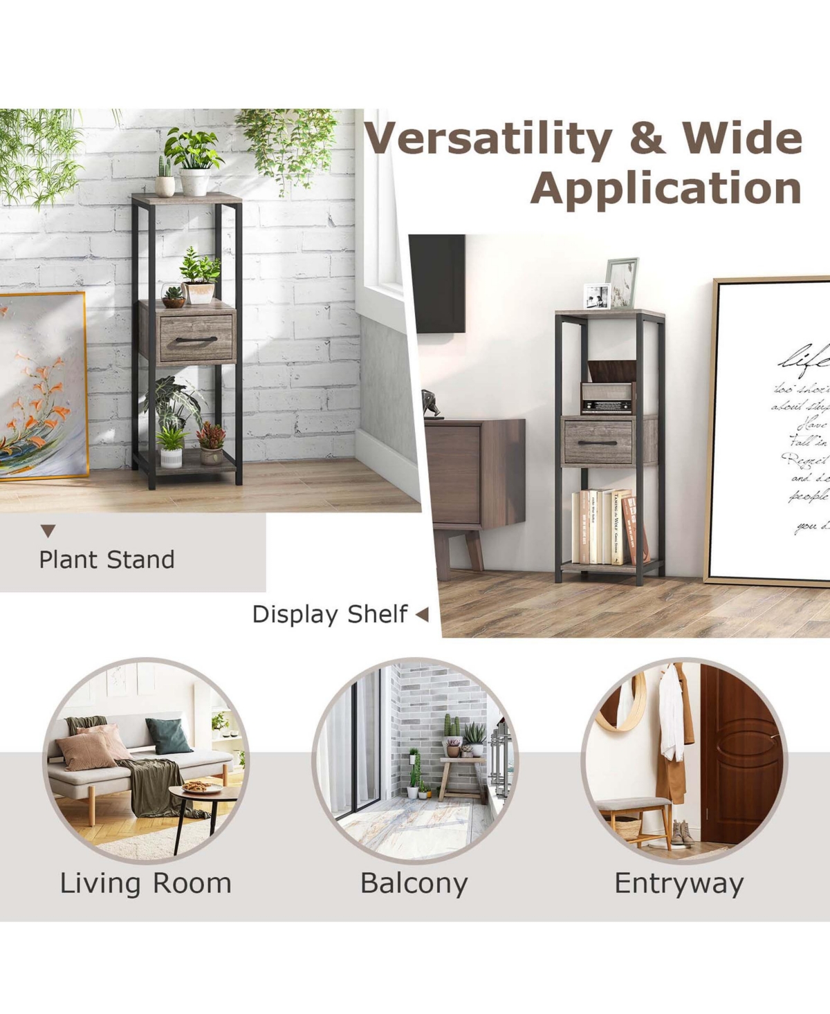 Costway 1 Pack 3 Tier Tall Metal Plant Stand Indoor Plant Table with Drawer Anti-tipping Devices