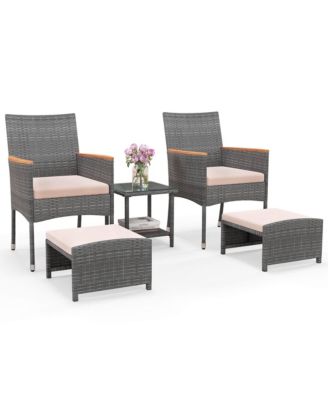 5 PCS Patio Conversation Set with Soft Cushions Ottomans & Tempered Glass Top Table