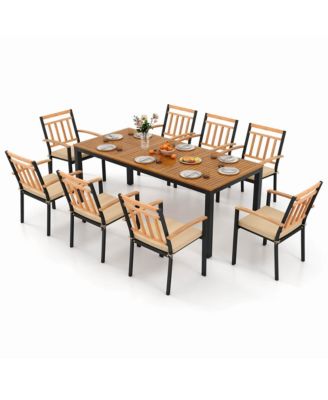 9 PCS Outdoor Dining Table & Chairs Set Table with Acacia Wood Top Umbrella Hole