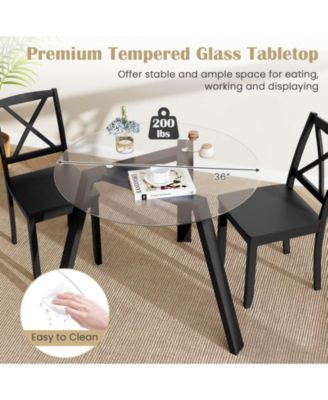 36" Round Glass Dining Table for 4 with Tempered Glass Tabletop Rubber Wood Frame
