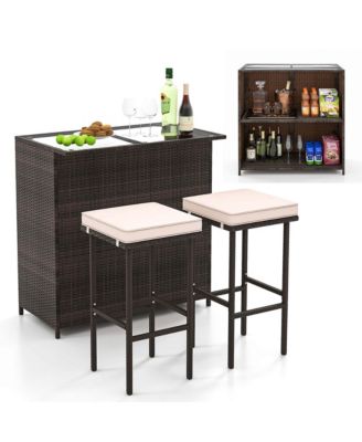 3 PCS Patio Bar Set with Tempered Glass Tabletop 2-Tier Storage Removable Cushions