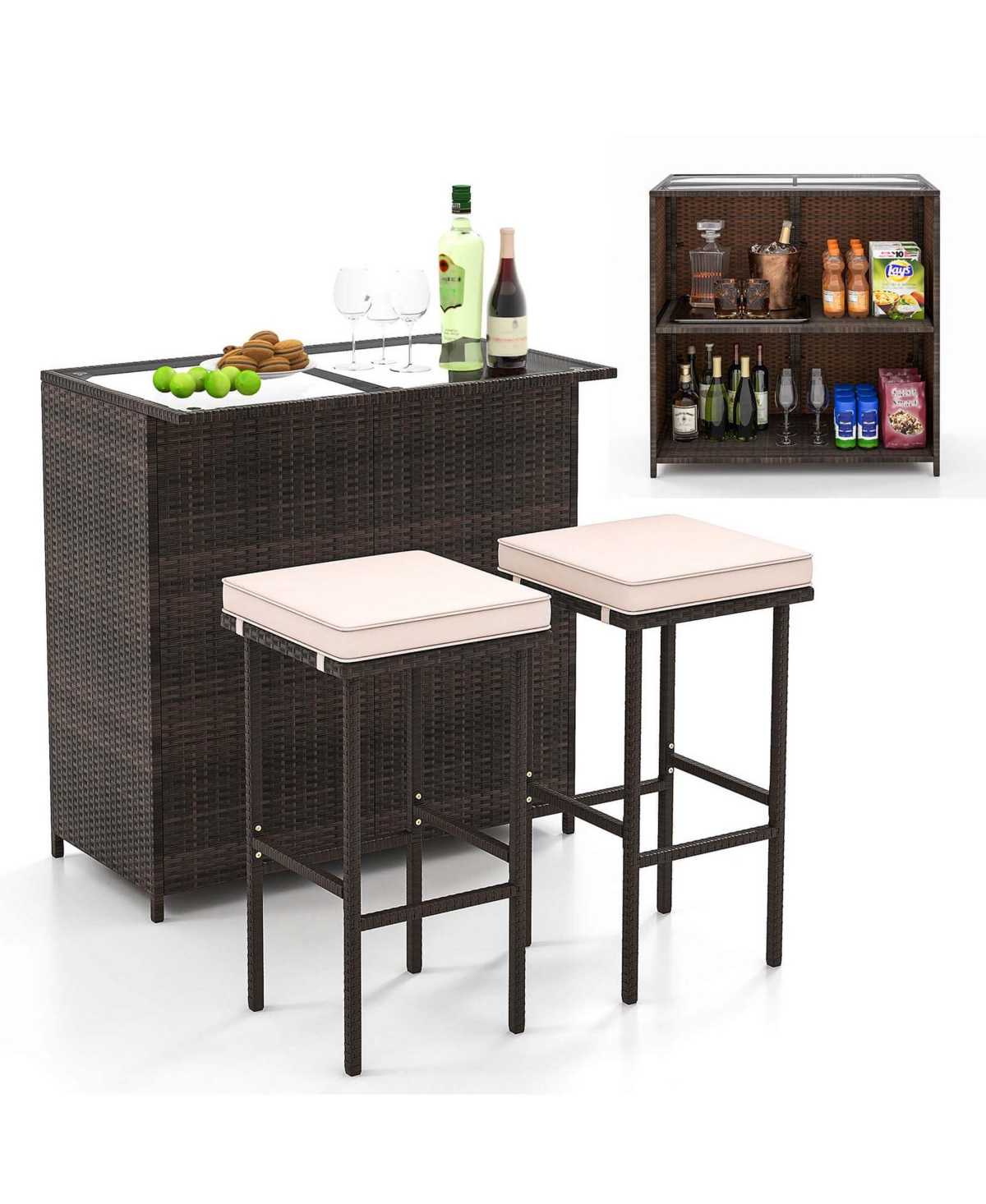 Costway 3 Pcs Patio Bar Set with Tempered Glass Tabletop 2-Tier Storage Removable Cushions -khaki
