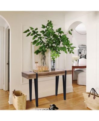 Oak Finish MDF Wood Black Metal Console Entry Table