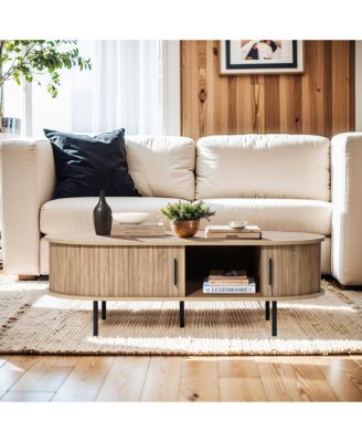 Standard Wood Slatted Sliding Doors Storage Mid-Century Modern Oval Coffee Table