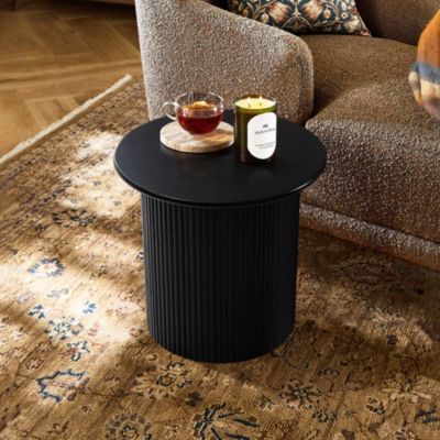 15'' Small Accent Table Compact Size Black Fluted Fir & MDF Wood Round Side Tables